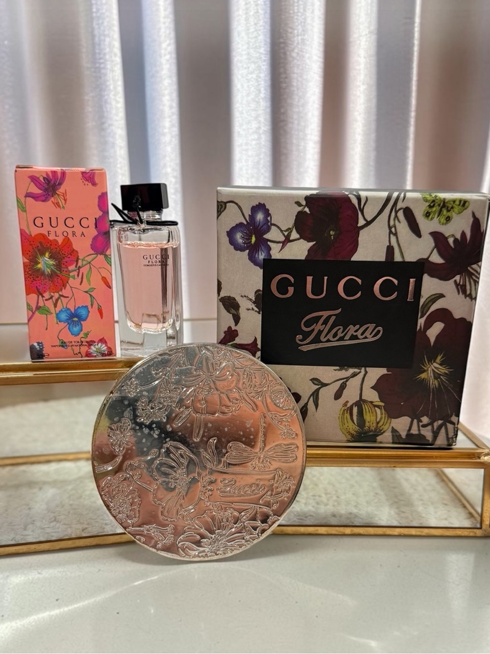 Gucci Flora Embossed Compact Mirror, Silver- Gorgeous Gardenia EDT 5 ml - NIB